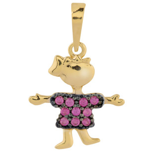 Pingente de Ouro 18k Menina c/ Pedras Zircônias Rosa