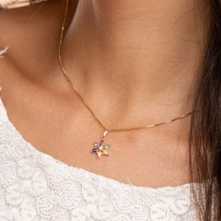 Pingente de Ouro 18k Flor com 7 Pedras de Zircônia