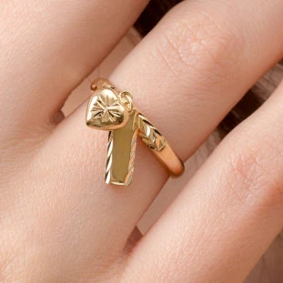 Anel de Ouro 18k Feminino com Plaquinha e Coração Bordado Reforçado
