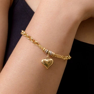 Pulseira de Ouro 18k Portuguesa com Pingente de Coração Médio