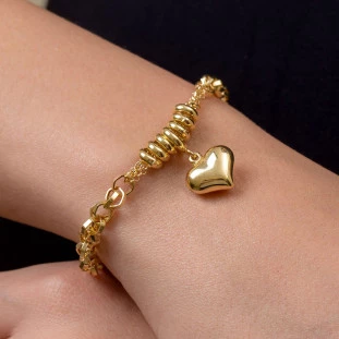 Pulseira de Ouro 18k Portuguesa Hexagonal com Pingente de Coração