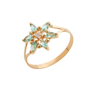 Anel Feminino de Ouro 18k Flor com Pedras Verdes
