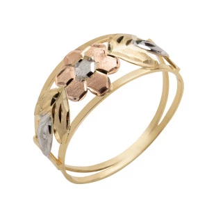 Anel De Ouro 18k Flor E Folha Tricolor